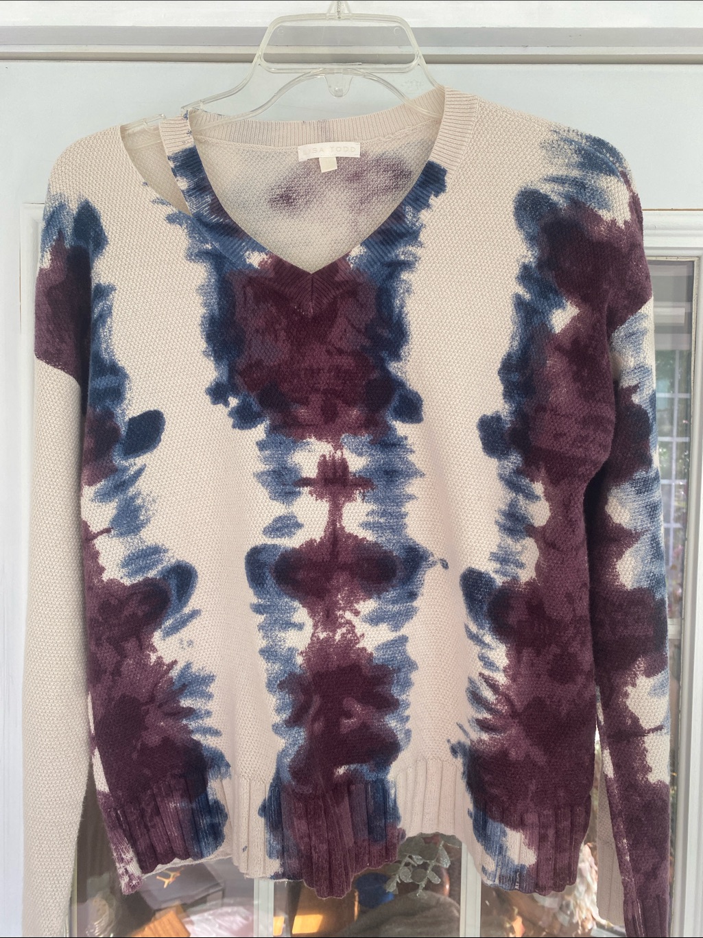 Lisa Todd Cream V-Neck Sweater With Blue & Plum Tie-Dye. Cotton & Cashmere.